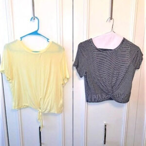 Set 2 Yellow front tie/B&W‎ stripe front knot crop top tee